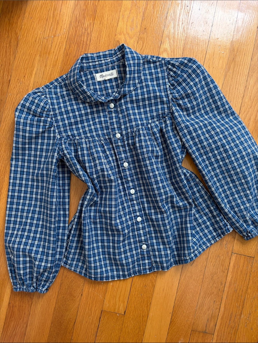 Madewell XXS Plaid Button Front Puff Sleeve Rounded Collar Blouse Top - Picture 4 of 12